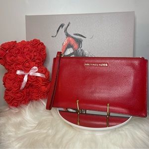 Michael Kors Large Red Pebbled Leather Wristlet Clutch Wallet Cardholder